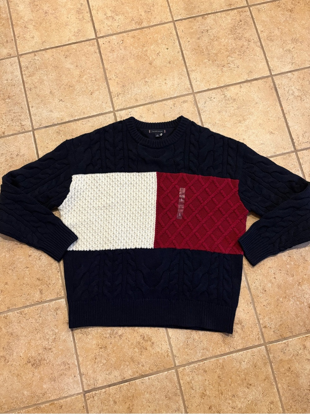 TommyHilfiger Navy,White & Burgundy Cable-KnitColorblock Crewneck/fit to fit 27"